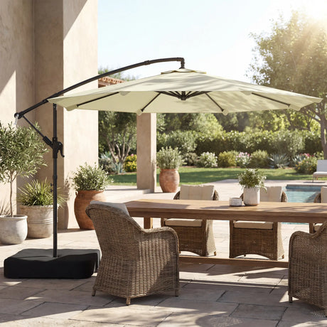 Outsunny 3 m Garden Cantilever Parasol with Cross Base, Sandbag, 360 Rotating Overhanging Banana Umbrella, Beige