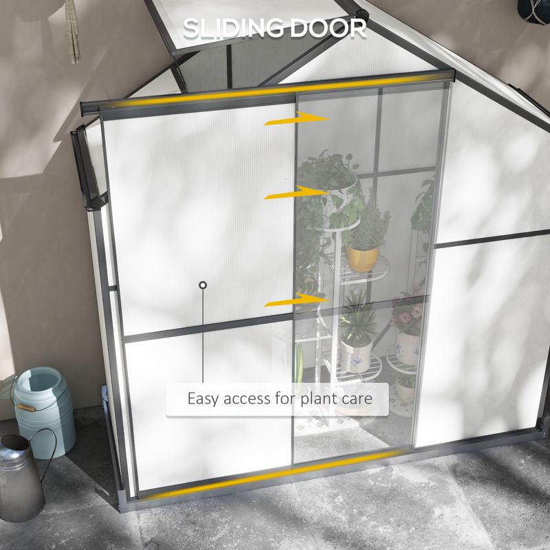 Outsunny 6 x 2.5ft Polycarbonate Greenhouse Walk-In Green House with Rain Gutter, Sliding Door, Window, Foundation, Dark Grey