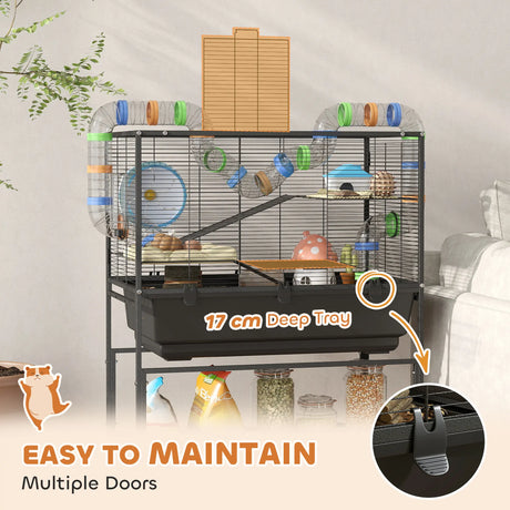 PawHut 3 Tier Large Hamster Cage on Wheels with 17 cm Deep Tray, Storage Shelf for Syrian, Gerbil, Rats