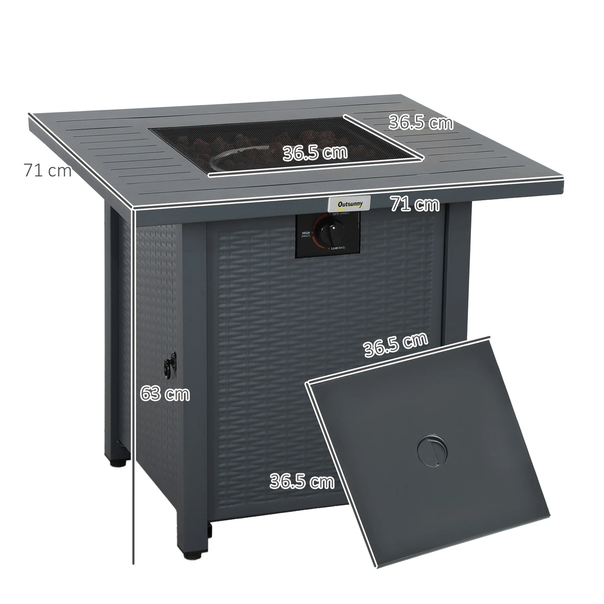 Outsunny Rattan-style Propane Gas Fire Pit Table with 40,000 BTU Burner, Square Smokeless Firepit Patio Heater with Thermocouple, Lava Rocks, Waterproof Cover, Spark Guard and Lid, Grey
