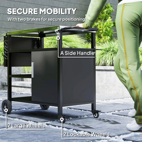 Outsunny Outdoor BBQ Trolley with Foldable Side Table, Stainless Steel Top, Outdoor Kitchen with Wheels Hooks Shelves Cabinet, Pizza Oven Table Movable Barbecue Grill Dining Cart with Cover, Black