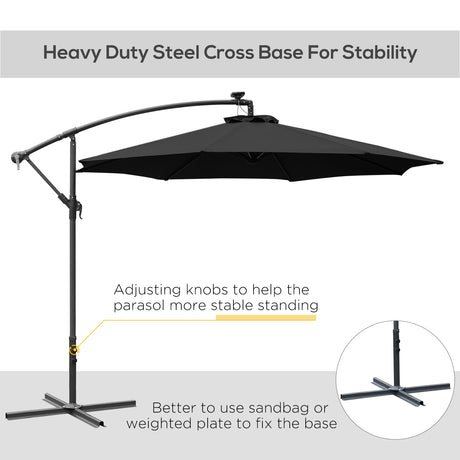 Outsunny 3m LED Patio Banana Umbrella Cantilever Parasol w/ Crank Cross Base Hanging Offset Umbrella Frame Steel  Aluminium Garden Table Outdoor Black