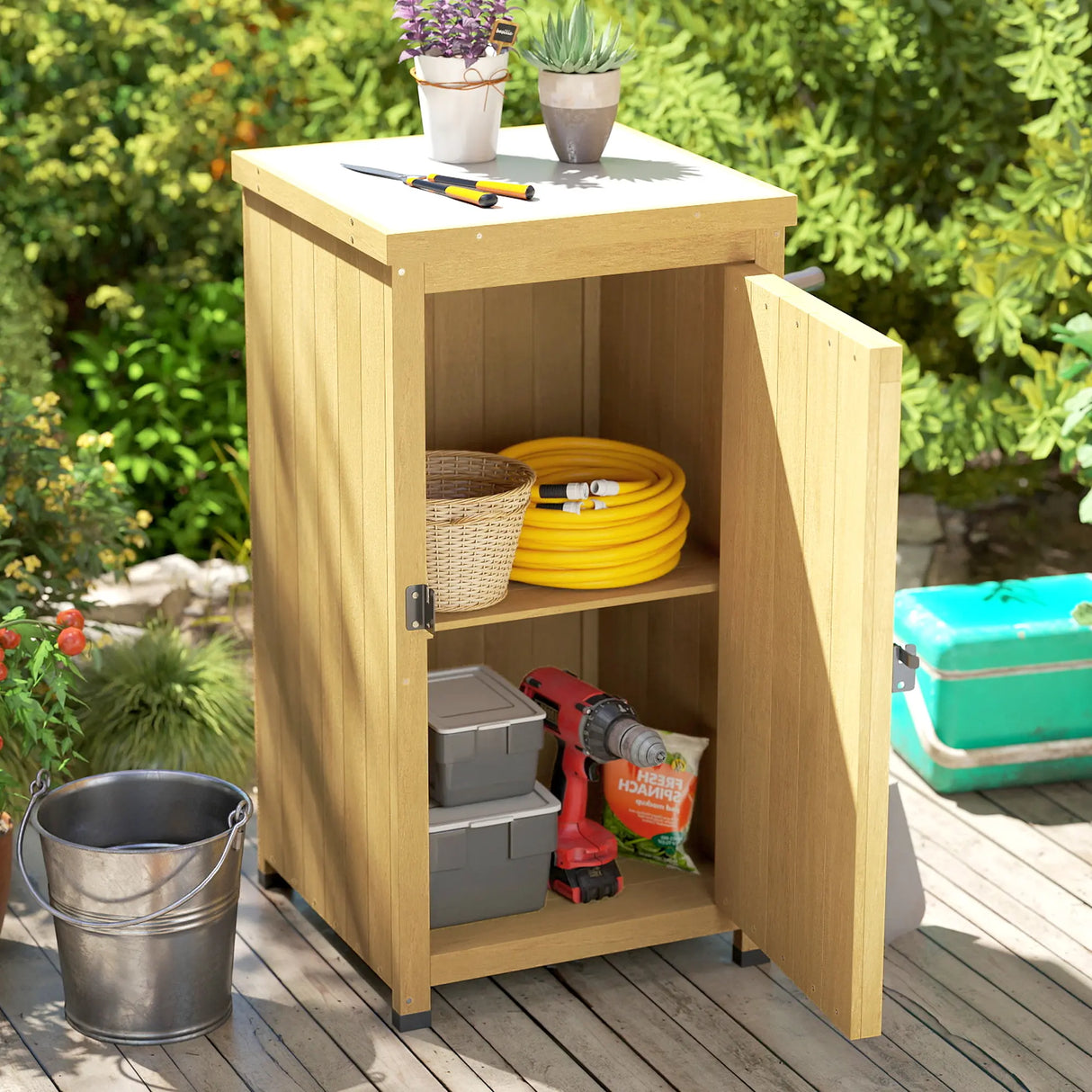 Outsunny Wooden Garden Shed, Garden Tool Storage Shed with Metal Top and Shelf, Light Brown