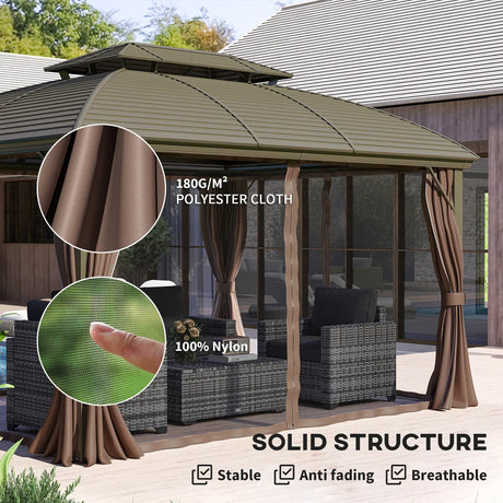Outsunny 3.65 x 3(m) Hardtop Steel Gazebo Canopy with Aluminium Frame, Double Roof, Net Sidewalls and Curtains, Coffee