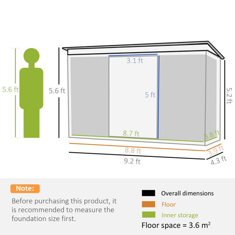 Outsunny Corrugated Garden Metal Storage Shed Outdoor Equipment Tool Box with Kit Ventilation Doors 9x 4FT Light Grey