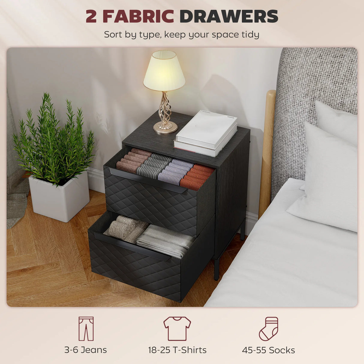 HOMCOM Chest of Drawers, Dresser with 2 Fabric Drawers and Aluminium Handles - Black