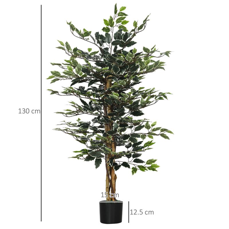 HOMCOM Artificial Ficus Tree in Pot, 130cm Tall Fake Plant with Lifelike Leaves and Natural Trunks, for Indoor Outdoor, Green