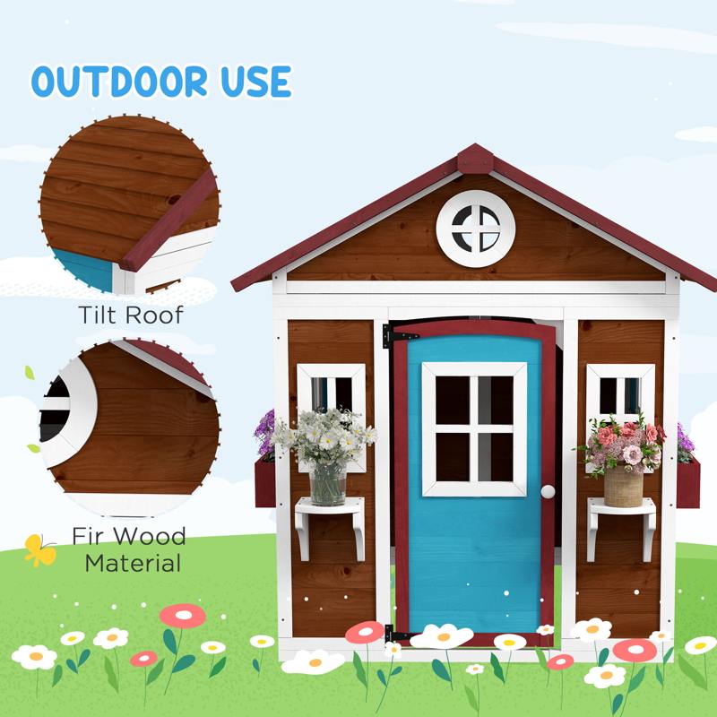 Outsunny Wooden Playhouse with Doors, Windows, Plant Pots, Boxes, for 3-8 Years - Dark Brown