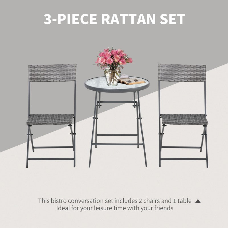 Outsunny 3 Pieces Rattan Bistro Set, Wicker Folding Garden Furniture Set with Glass Top Coffee Table and Chairs for Outdoor, Patio, Balcony, Grey
