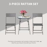 Outsunny 3 Pieces Rattan Bistro Set, Wicker Folding Garden Furniture Set with Glass Top Coffee Table and Chairs for Outdoor, Patio, Balcony, Grey