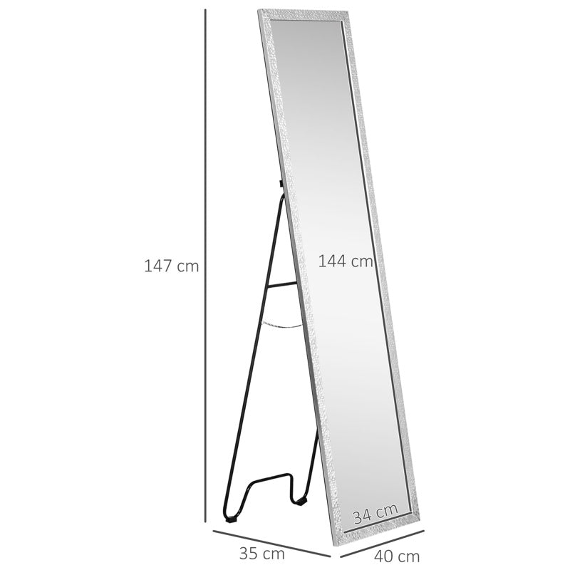 HOMCOM Full Length Mirror Free Standing Mirror Dressing Mirror with PS Frame Modern Wall Mirror for Living Room and Bedroom 34 x 144cm, Silver