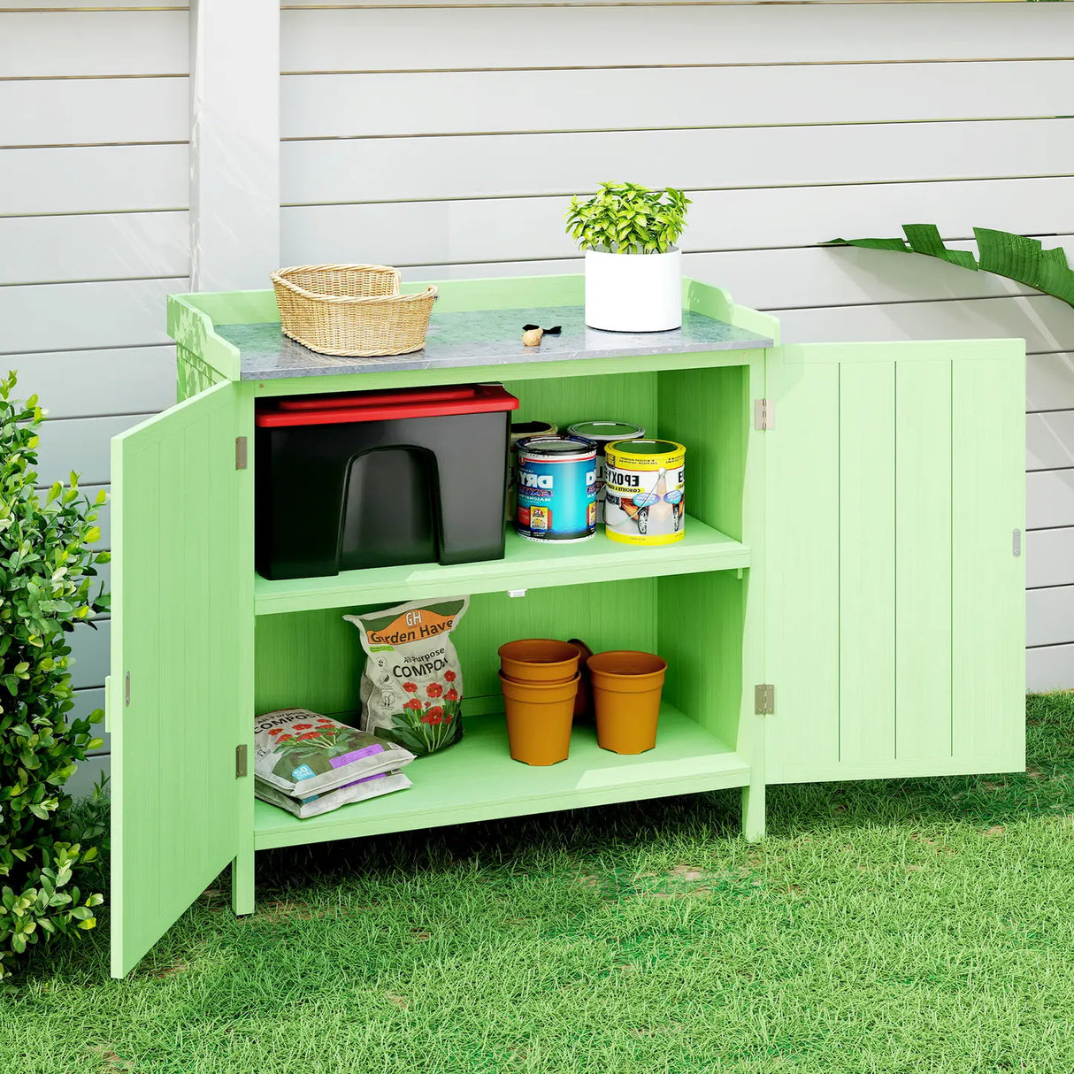 Outsunny Wood Garden Storage Cabinet, Outdoor Tool Shed, Potting Bench Table with galvanised Top and Two Shelves for garden Tools or Pool Accessories, Green