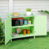 Outsunny Wood Garden Storage Cabinet, Outdoor Tool Shed, Potting Bench Table with galvanised Top and Two Shelves for garden Tools or Pool Accessories, Green