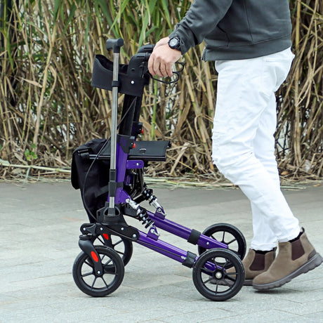 HOMCOM Folding Rollator Walker with Seat, Backrest, Lightweight Walking Frame with Storage Bag, Dual Brakes, Adjustable Handle Height, Suspension System, 4 Wheeled Walker for Seniors, Purple