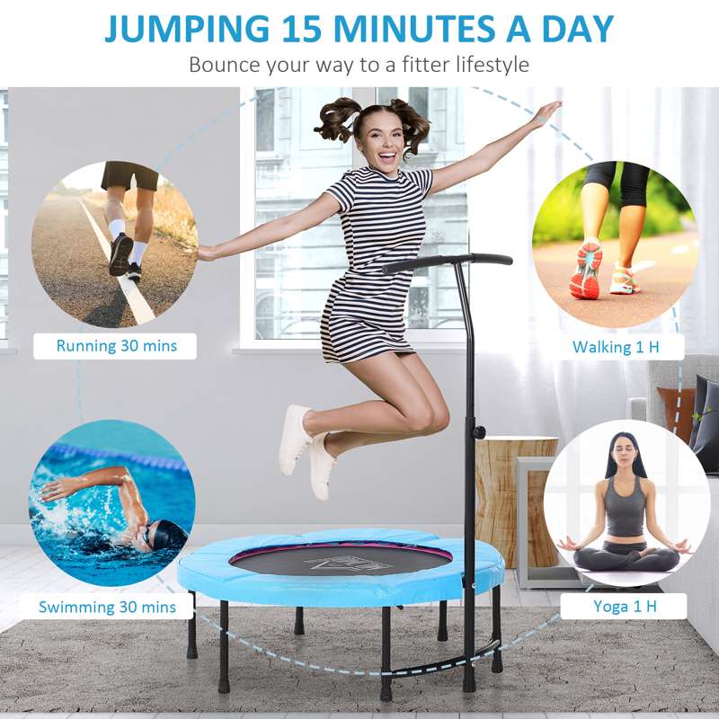 HOMCOM 40'' Fitness Trampoline with Adjustable Handle, Rebounder Trampoline Mini Jumper for Indoor Exercise Workout, Support Up to 100kg, Blue