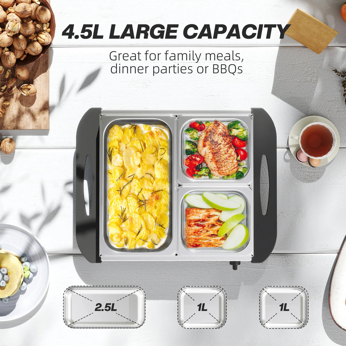 HOMCOM 4.5L Stainless Steel Electric Buffet Server, with 3x Trays and Lids, Set of 2
