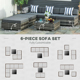Outsunny 6 PC Rattan Sofa Coffee Table Set Sectional Wicker Weave Furniture for Garden Outdoor Conservatory w/ Pillow Cushion Grey