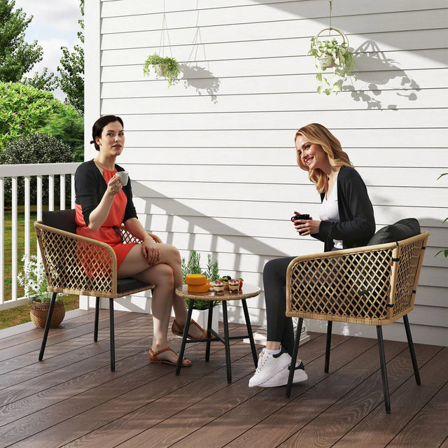 Outsunny Three-Piece Cut-Out Rattan Chair and Table Set - Brown/Black