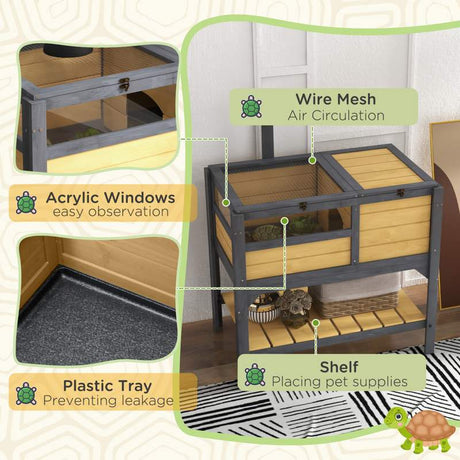 PawHut Wooden Tortoise House, with Shelter, Run, Shelf, Lamp Holder, Tray