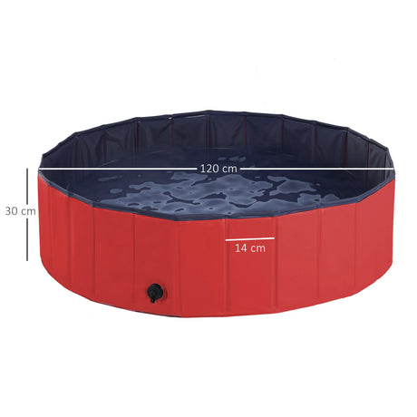 PawHut Dog Paddling Pool, Foldable Dog Pool, Leakproof & Hard Plastic, Portable Pet Bathtub with Non-Slip Base & Drainage Hole, for Indoors, Outdoors, Garden, Patio, 120 x 30 cm, Red