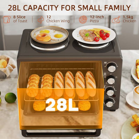 HOMCOM 28L Mini Oven with 2 Hot Plates, Countertop Toaster Oven, Grill, Roast, Bake, Boil, with Timer, Adjustable Temperature, Electric Oven with Baking Tray, Grill Rack, Crumb Tray, 2600W, Black