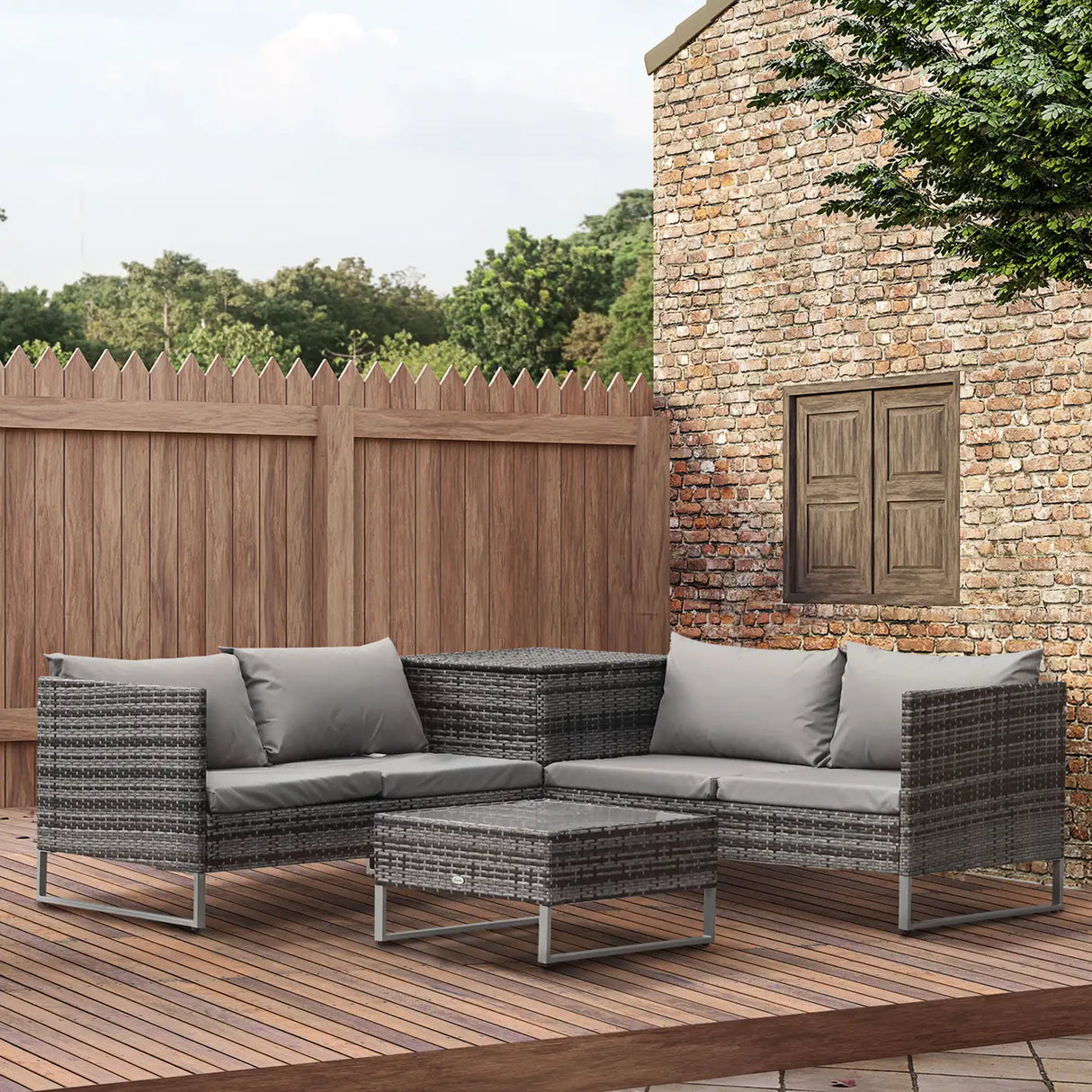 Outsunny 4pc Garden Rattan Wicker Outdoor Furniture Patio Corner Sofa Love Seat and Table Set  with Cushions Side Desk Storage, Mixed Grey