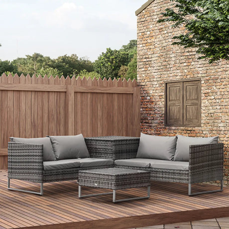 Outsunny 4pc Garden Rattan Wicker Outdoor Furniture Patio Corner Sofa Love Seat and Table Set  with Cushions Side Desk Storage, Mixed Grey