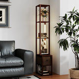 HOMCOM Floor Lamp with Shelves, LED Column Modern Standing Lamp with Fabric Drawer, Adjustable Brightness, Foot Switch for Living Room, Bedroom, Office, Dark Brown