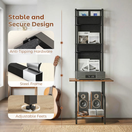 HOMCOM Vinyl Record Player Stand Record Storage with Player Stand Oxford Fabric Pockets Bottom Shelf Rustic Brown and Black