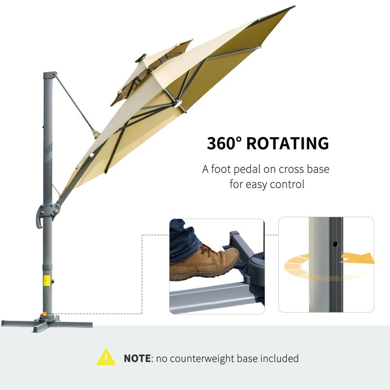 Outsunny 3m Cantilever Parasol w/ Solar Lights Power Bank Base 360° Spin Khaki