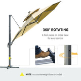 Outsunny 3m Cantilever Parasol w/ Solar Lights Power Bank Base 360° Spin Khaki