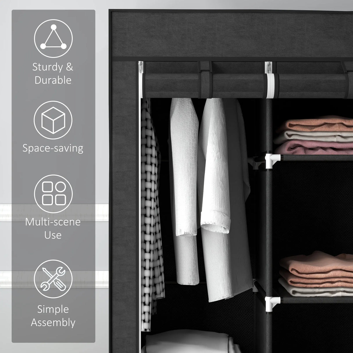 HOMCOM Fabric Wardrobe, with Rails and Shelves - Black