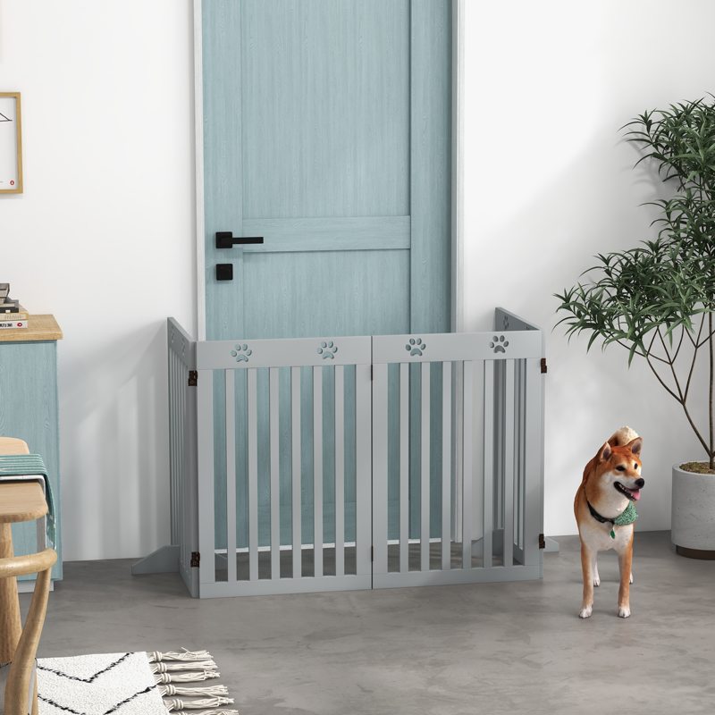 PawHut Wooden Pet Gate Foldable Freestanding Dog Safety Barrier w/ Support Feet, Grey