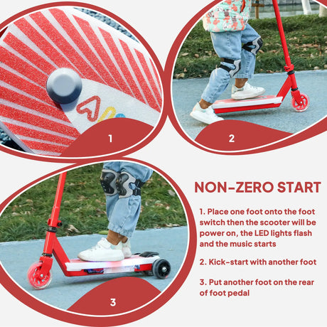 AIYAPLAY Electric Scooter for Kids Aged 4-7 Years, with Flashing LED Lights, Rear Auxiliary Wheels, Red