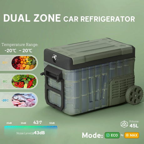 Outsunny 33L Car Fridge Freezer Dual Zone, Portable Camping Fridge 12V/24V DC & 100-240V AC, Electric Cool Box -20-20 with Wheels and LED Light, for Travel, RV, Road Trip, Picnic [Energy Class E]