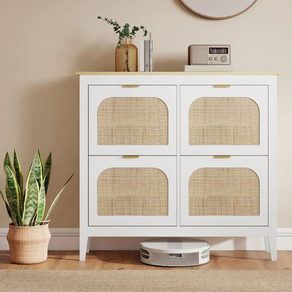 HOMCOM Narrow Shoe Cabinet, Boho Slim Shoe Storage Cabinet with 4 Flip Drawers, Holds 20 Pairs, White