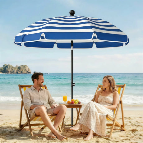 Outsunny 1.8 m Beach Umbrella Parasol with Sand Anchor, Portable 30 Tilting Patio Sun Shade with Adjustable Height, Blue/White