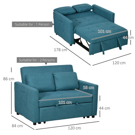 HOMCOM Loveseat Sofa Bed, Convertible Bed Settee with 2 Cushions, Side Pockets for Living Room, Blue