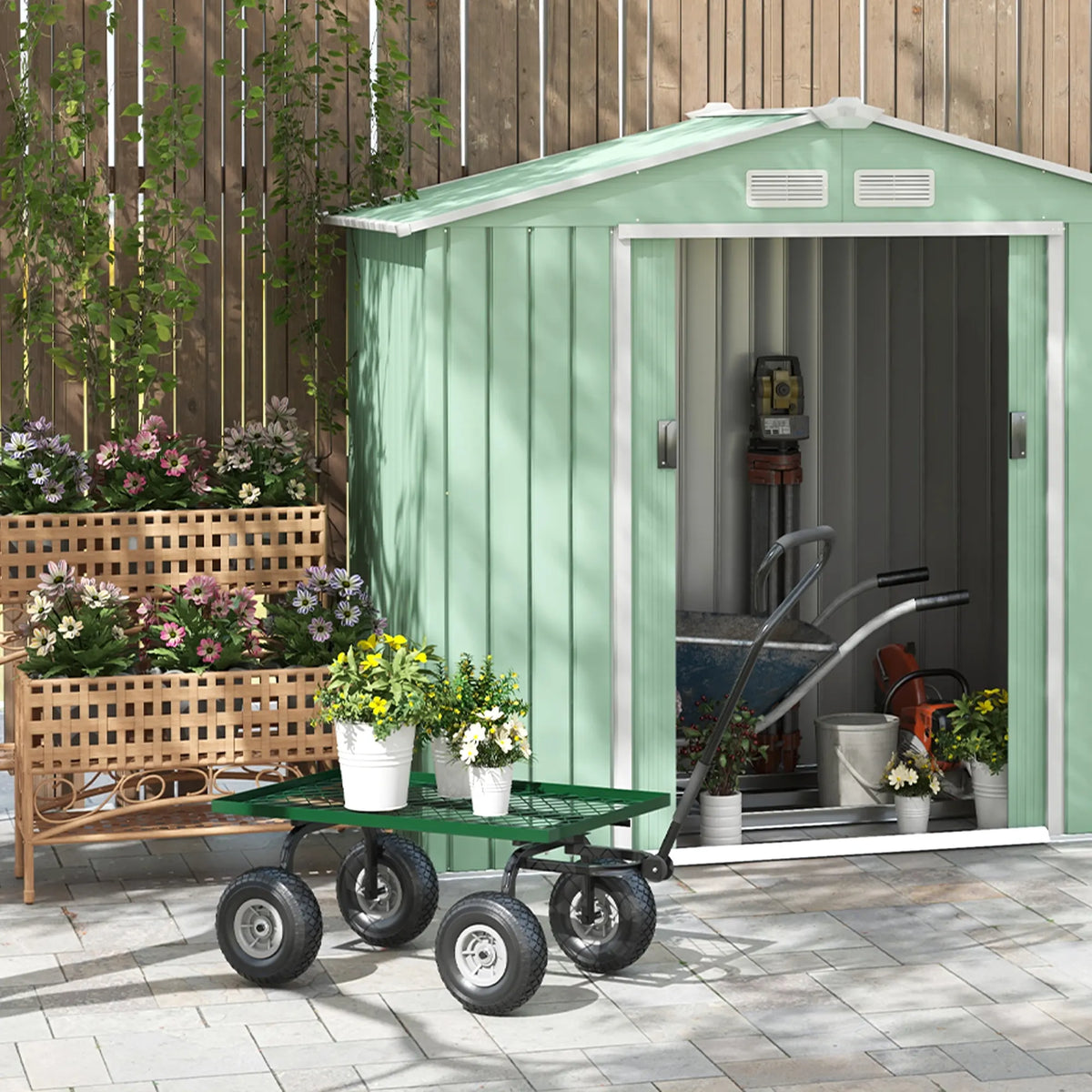 Outsunny Garden Trolley Cart, Heavy Duty Garden Cart with Metal Frame, 10" Pneumatic Wheels, Rotating Handle, 150kg Capacity, for Garden, Farm, Green