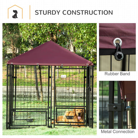 PawHut Outdoor Dog Kennel with Rotating Bowl Holders, Water and UV-Resistant Cover, for Medium, Small Dogs, Red