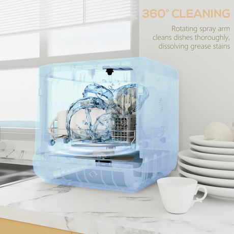 HOMCOM Table Top Dishwasher with Built-in 6L Water Tank, Mini Countertop Dishwasher with 6 Programs, 4 Place Settings, White