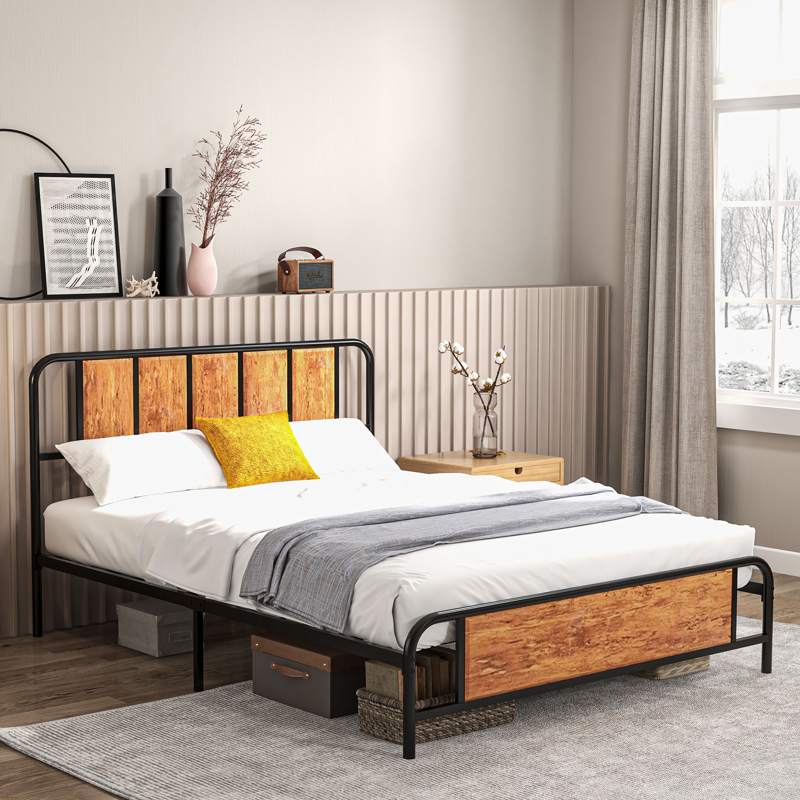 HOMCOM 5.2ft King Bed Frame with Industrial Wood Headboard, Steel Slat Support and 31cm Underbed Storage Space, 160 x 207cm, Rustic Brown