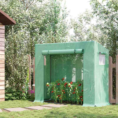 Outsunny Small Walk-in Garden Greenhouse with Steel Frame, Large Roll-up Door and Windows, 200Lx76Wx168Hcm, Green