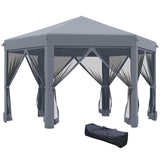 Outsunny 3.8m x 3.2m Pop Up Gazebo Hexagonal Canopy Tent Outdoor Sun Protection with 6 Mesh Sidewalls, Hand Bag, Grey