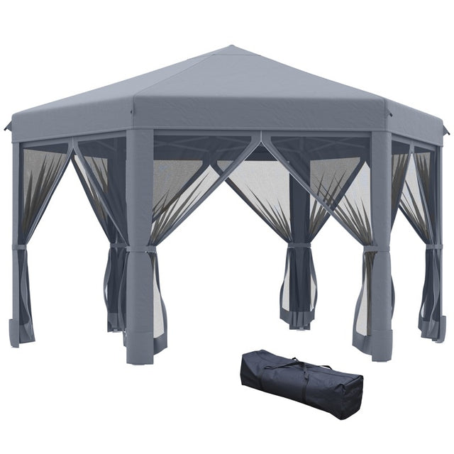 Outsunny 3.8m x 3.2m Pop Up Gazebo Hexagonal Canopy Tent Outdoor Sun Protection with 6 Mesh Sidewalls, Hand Bag, Grey