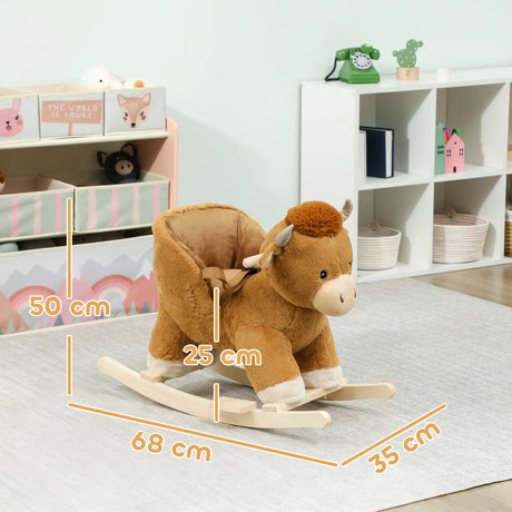 AIYAPLAY Baby Rocking Horse with Safety Belt, Wood Base, Animal Rocker for Children, Brown