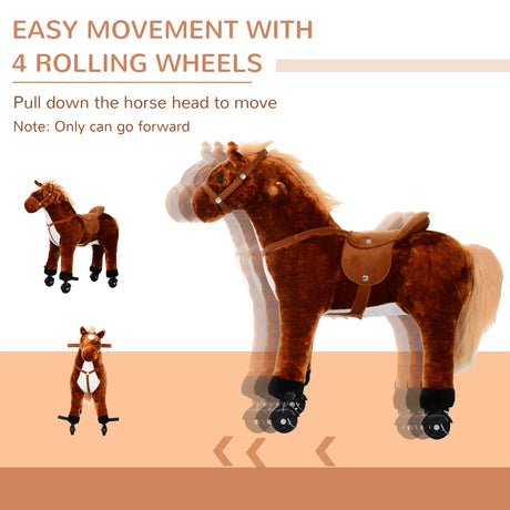 HOMCOM Plush Walking Horse Ride On Toy with Wheels and Realistic Sounds Rocking Horse for Girls Boys 2+ Years Old, 50cm Tall, Brown