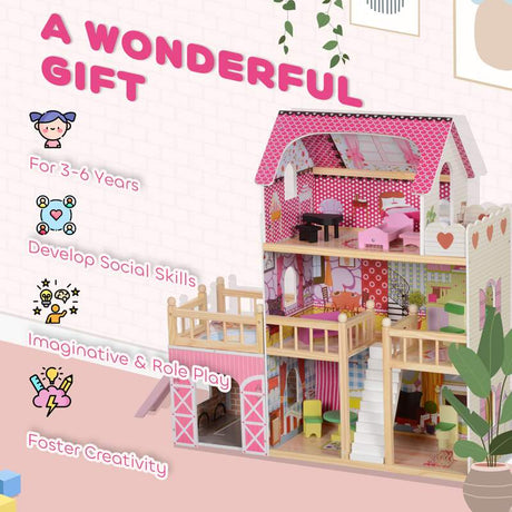 AIYAPLAY 3 Levels Dolls House Play Set with 13 Wooden Furniture Pieces and Accessories,