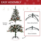 HOMCOM 4FT Artificial Snow Dipped Christmas Tree Xmas Pencil Tree Holiday Home Party Decoration with Foldable Feet Red Berries White Pinecones, Green