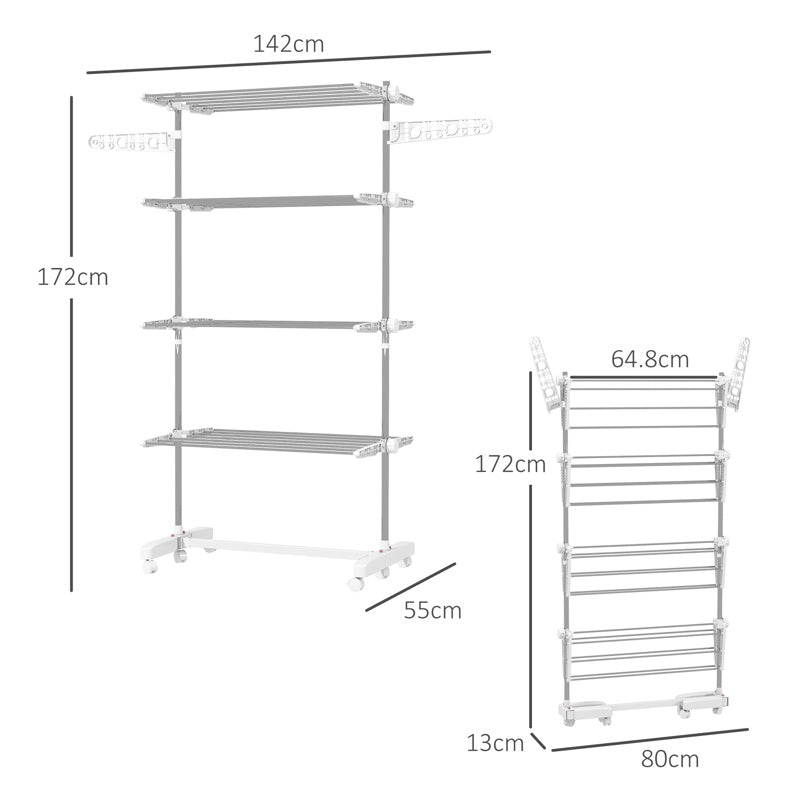 HOMCOM Four-Shelf Collapsing Clothes Horse, With Side Arms and Wheels - White